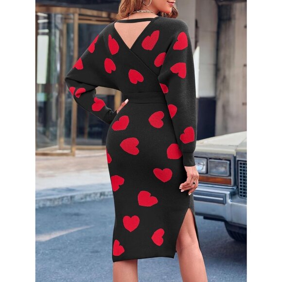 Women's Sweater Dress Wrap Batwing V Neck Slit Bodycon Dress Valentine Black - Picture 2 of 5